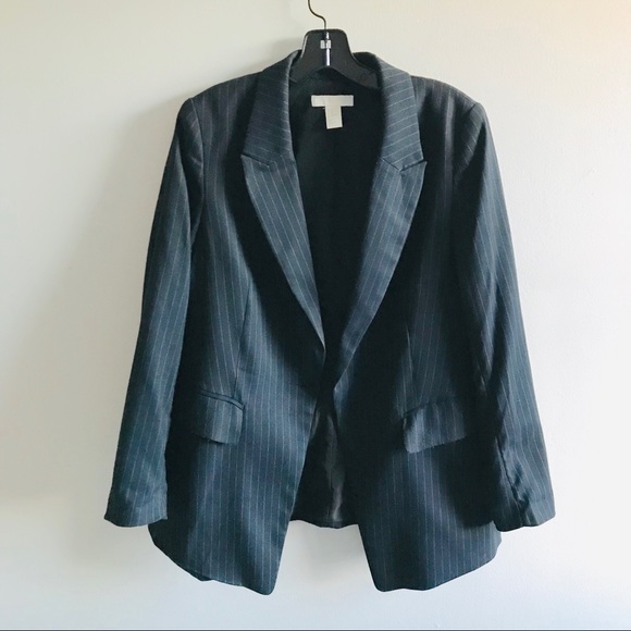 🍂H&M Navy Blue Pinstripe Wool Blazer Coat Jacket - Picture 2 of 8